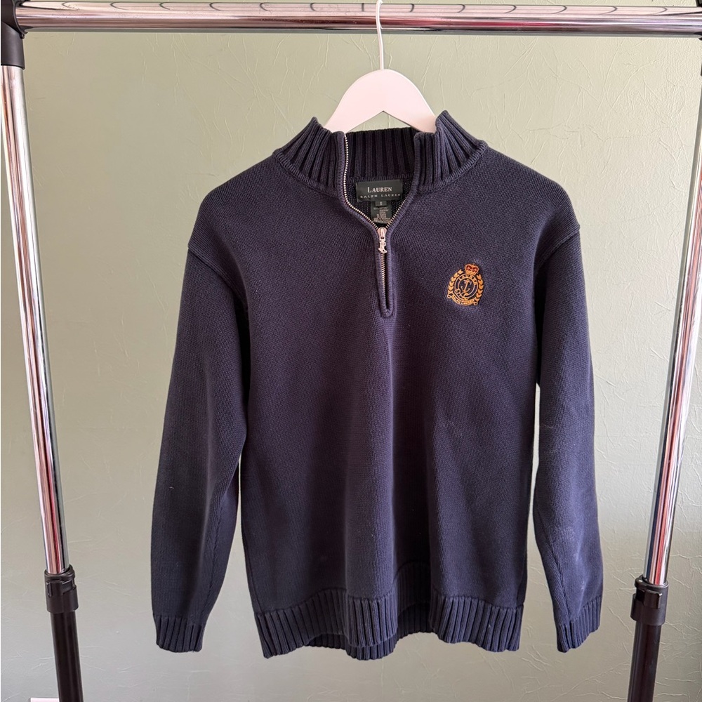Vintage Ralph Lauren Navy Half-Zip Sweater with Gold Crest